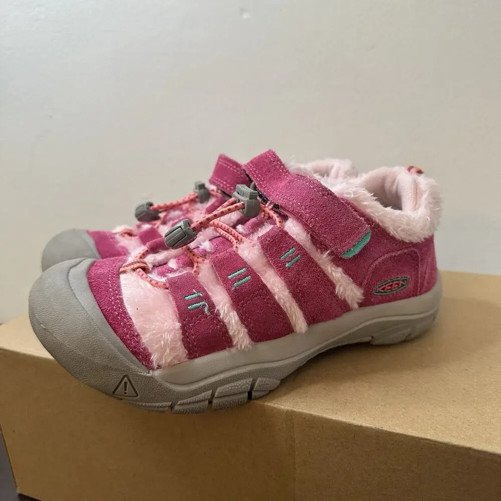 KEEN Newport H2 Pink/Gray Suede Faux Fur Lined Hook & Loop Sneakers US 1 Kids
